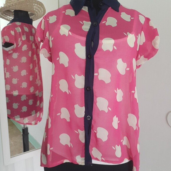 Dresscode Chiffon Sheer Pink Apple Print Collared Hi-Low Hem Button Blouse S-M - Picture 8 of 10